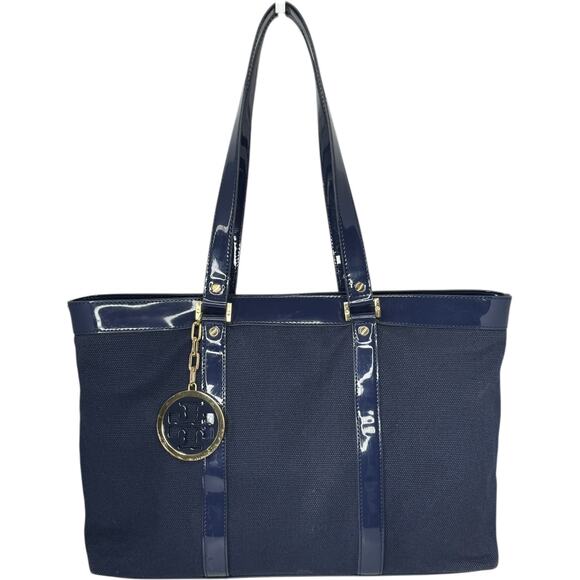 Tory Burch Canvas Jane Tote navy patient leather Shoulder Bag - Picture 13 of 14
